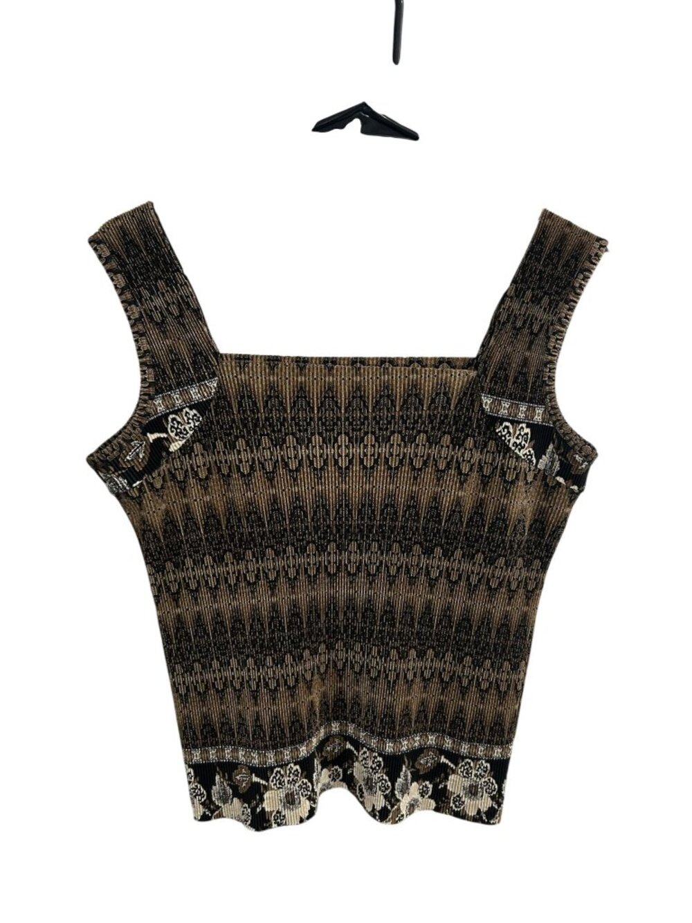 Large Brown Black Floral Square Neck Knit Tank Top Stretch Fit Retro Cottagecore